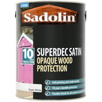Sadolin Superdec Satin - Opaque Exterior Wood Finish With 10 Year Protection - Super White - 5L